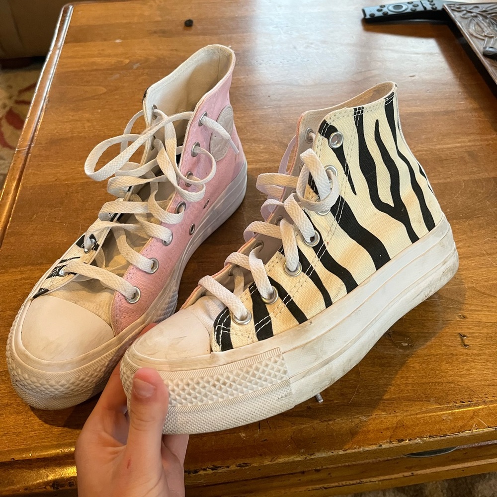 Pink and zebra print custom platform hightop converse
